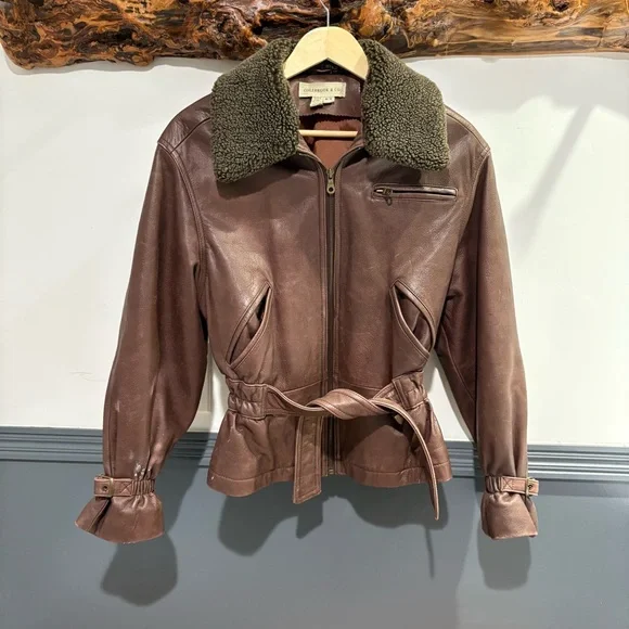 Colebrook & Co Vintage Women's Brown Leather Bomber Jacket Shearling Collar - Picture 2 of 14